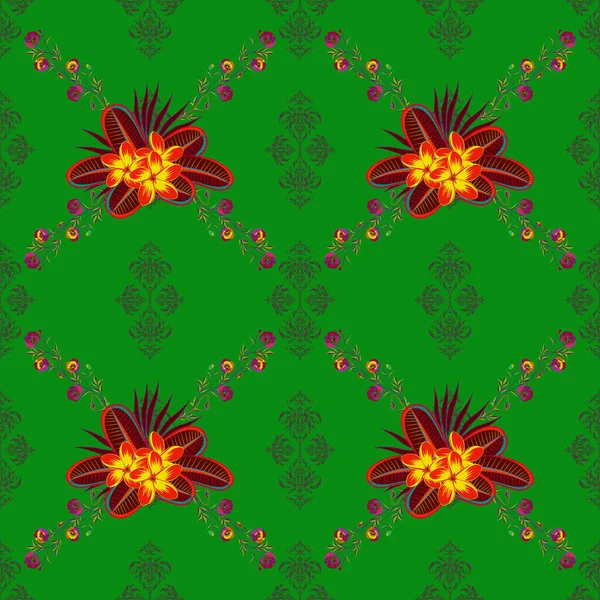 Nahtloses Muster Mit Niedlichen Blüten Den Farben Rot Lila Und — Stockvektor