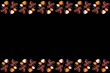 Biçimlendirilmiş kırmızı, siyah ve turuncu çileğin kusursuz deseni. Kopya alanı (metin için yer) ile birlikte. Yatay çilek suluboya çizimi.