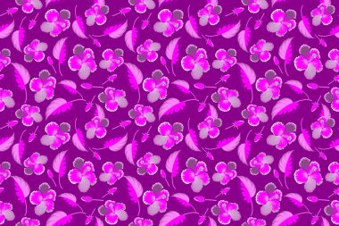 Motley illüstrasyonu. Açan orman, kusursuz amber deseni. Menekşe tropik çiçeklerle kusursuz egzotik desen.