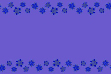 Soyut yatay mavi ve menekşe çiçekleri kopya alanına sahip kusursuz desen (metin için yer).