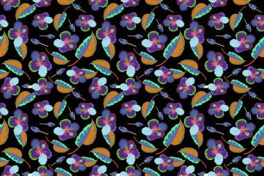 Siyah arka planda kusursuz desen. Soyut çiçekleri, yaprakları ve tomurcukları olan çok renkli bir tablo. Çok renkli çiçek arkaplanı.