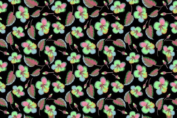Floral Seamless Pattern Various Hibiscus Hawaiian Tropical Flowers Black Background — Stock Photo, Image
