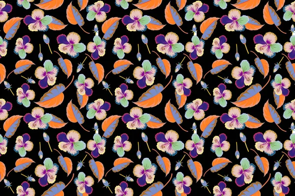 Wielokolorowe Liście Tropikalne Pąki Kwiaty Hibiskusa Bezszwowy Wzór Ręcznie Malowane — Zdjęcie stockowe