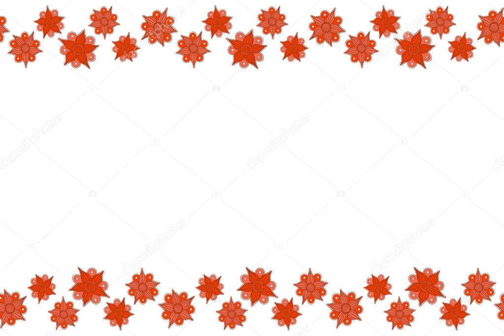 Floral card design with copy space (place for your text). Hand painted horizontal sketch with abstract flowers in orange, white and brown colors. Orange, white and brown flowers seamless pattern.