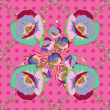 Pembe arka planda çiçekli, dikişsiz desen. Vektör illüstrasyonu.