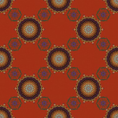 Turuncu, kahverengi ve kırmızı renklerde. Ikat damaske desensiz arkaplan fayansı. Vektör illüstrasyonu.