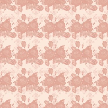 Web sayfaları, düğün davetiyeleri, tekstil, duvar kağıtları için vektör romantik arka plan. Suluboya gül çiçekleri ve yeşil yapraklar bej, pembe ve kahverengi renklerde pürüzsüz desen.