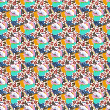 Güzel suluboya çiçekler, parlak resimler çiçek desenleri. Yeşil ve mavi renklerde vektörsüz desen.