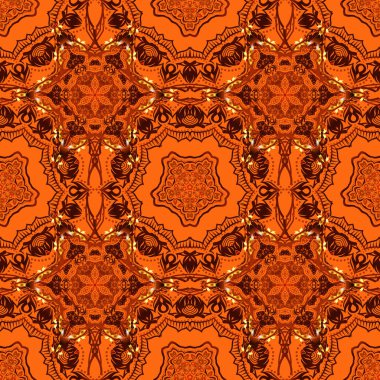 Sarı, turuncu ve kırmızı pürüzsüz Noel deseni. Noktalı çeşitli Xmas 2019 kar taneleri. Tekstil, duvar kağıdı, kumaş, ambalaj kağıdı için vektör tasarımı. Mutlu yıllar kış arkaplanı.