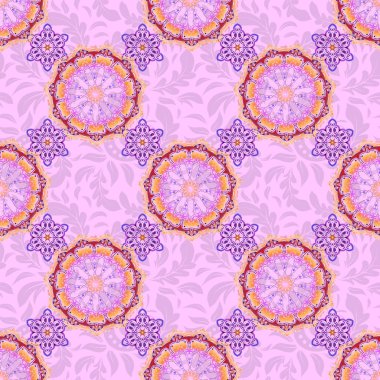 Klasik lüks damaske süsü. Duvar kağıtları, tekstil ve ambalaj için kraliyet Victoria dönemi kusursuz dokusu. Enfes bir barok şablonu. Vektör damaske turuncu, mor ve pembe renklerde kusursuz desen.