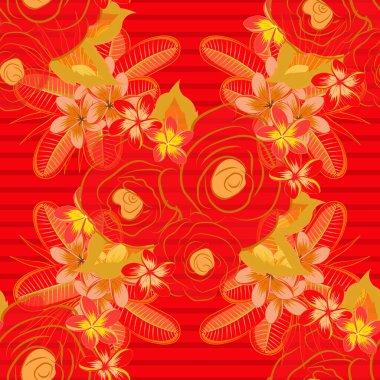 Kusursuz desenli soyut kırmızı, sarı ve turuncu renkli güller. Vektör illüstrasyonu.