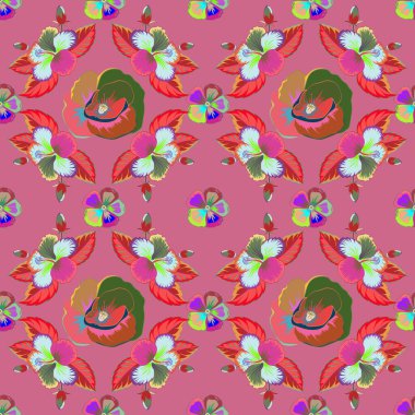 Çiçekler, yapraklar, dekoratif elementler, lekeler ve pembe bir arka plan. El çizimi hatlar ve vuruşlar. Karalama çizim biçimi, el çizimi illüstrasyon.