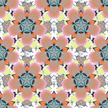 Stock vektör illüstrasyonu. Eski tarz. Soyut çiçeklerin bej, turuncu ve mavi renkleriyle kusursuz deseni.