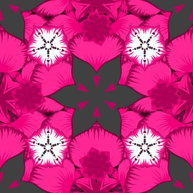 Vektör çizimi. Eflatun, pembe ve menekşe renklerinde çiçeksiz desenler..