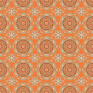 Vektör çizimi. Damask 'ın bej, turuncu ve mavi renklerinde kusursuz çiçek deseni.