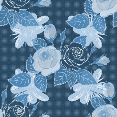 Vektör çizimi. Şekillendirilmiş gül çiçekleri ve gri ve mavi renkli yeşil yapraklarla kusursuz çiçek deseni..