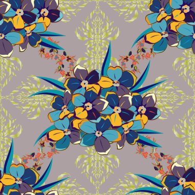Çizgili arka planda dikişsiz suluboya desen. Mavi ve gri renkte vektör çiçek deseni. Şirin primula çiçekleri deseni,