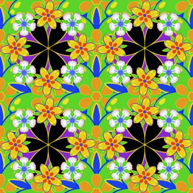 Moda olmayan çiçek deseni. Yeşil, siyah ve sarı renklerde küçük, solgun çiçekler..