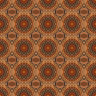 Siyah zemin üzerinde turuncu, kahverengi ve kırmızı süslemelerden oluşan kusursuz bir desen. Doğulu, çiçekli bir süs. Halılar, tekstil, duvar kağıtları ve herhangi bir yüzey için şablonlar.