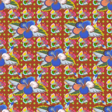 Pembe, kahverengi ve yeşil renkli şirin çiçeklerle kusursuz desen..