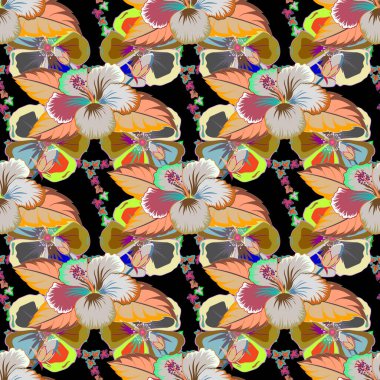 Yeşil ve turuncu renkli, soyut sevimli çiçeklerin olduğu bahar kağıdı. Çiçeksiz desen. Vektör illüstrasyonu.