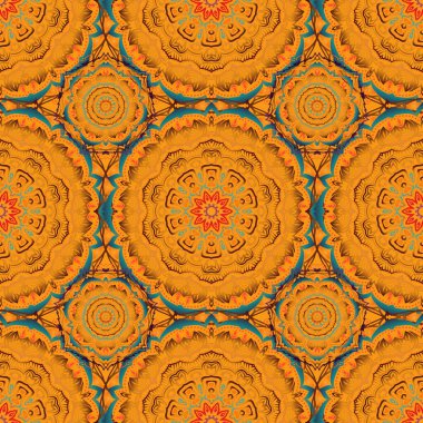 Tasarım, tekstil veya kumaş için turuncu, sarı ve yeşil renklerde vektörsüz çiçek deseni. Vektör illüstrasyonu.