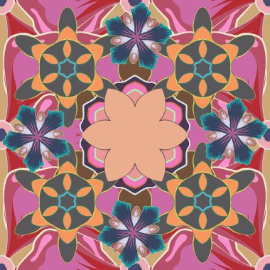 Pembe, gri ve bej renkli biçimlendirilmiş küçük çiçeklerin kusursuz deseni. Elle çizilmiş çiçek ve bitkilerle kusursuz bir arka plan. Raster illüstrasyonu.