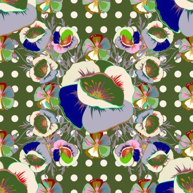 Kusursuz çiçek süsü. Kraliyet zambakları ile modern gelincik desenli. Yeşil arkaplanda renkli yönelim deseni.