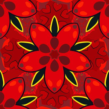 Sarı, turuncu ve kırmızı ızgaralı kusursuz desen. Vintage süsün vektör kare bileşimi.