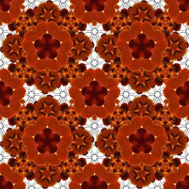 Zarif turuncu, gri ve kırmızı süslemeli stilize yıldızlar, süslü arka planda filigran dekoru. Lüks vektör dikişsiz desen, düğmeye basılmış doku, klasik tarzda dekoratif elementler.