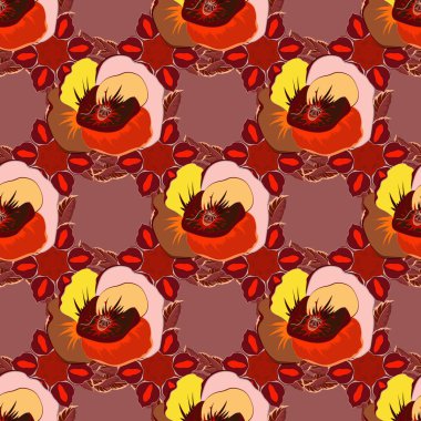 Dekoratif yaz gelincik çiçekleri ile kusursuz desen kırmızı, sarı ve pembe renkler, suluboya vektör çizimi.