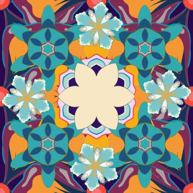 Eski bir süs. Raster illüstrasyonu. Basit, pürüzsüz desen - mavi, kahverengi ve gri elementler.