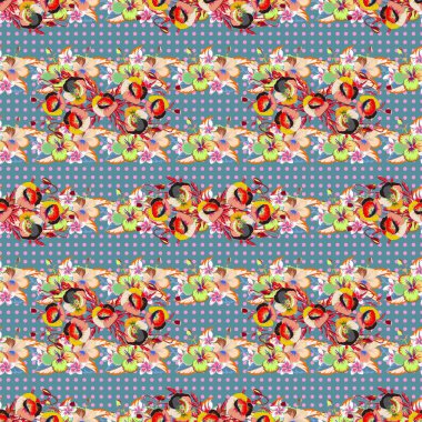 Dekoratif yaz gelincik çiçekleri ile kusursuz desen mavi arka planda, suluboya resimleme.