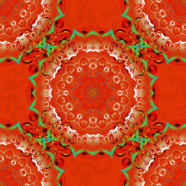 Motley ızgarası. Kırmızı, turuncu ve yeşil elementlerle vektörsüz desen.