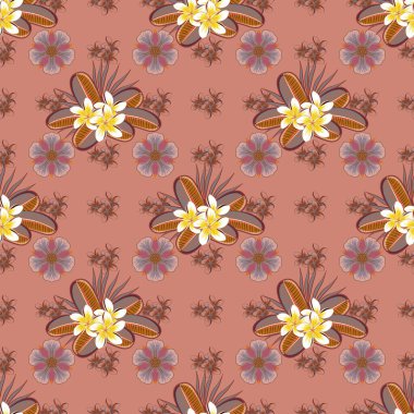 Şekillendirilmiş primula çiçekleri ve pembe, turuncu ve sarı yapraklı vektörsüz arkaplan deseni.