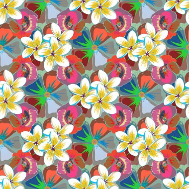 Dekoratif yaz çiçekleriyle bej ve mavi renklerde kusursuz desen, suluboya vektör çizimi.