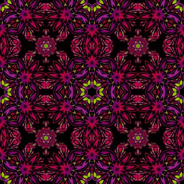 Şam, kırmızı, turuncu ve mor renklerde kusursuz çiçek deseni. Vektör illüstrasyonu.