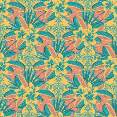 Geleneksel dikişsiz şal deseni. Kumaş, tekstil ve ambalaj kağıtları için dekoratif süs. Mavi, sarı ve turuncu renkli duvar kağıtları. Plumeria çiçekleriyle vektör çizgili, pürüzsüz desen