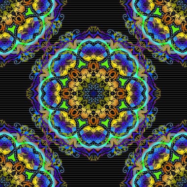 Doğulu, çiçekli bir süs. Halılar, tekstil, duvar kağıtları ve herhangi bir yüzey için şablonlar. Siyah bir arka planda sarı, gri ve yeşil renklerde vektörsüz desen.