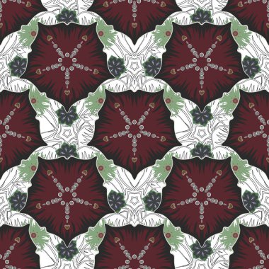 Gri, kırmızı ve yeşil simli çizgiler, zikzaklı semboller, dalgalı şeritler, pürüzsüz doku çizgileri. Kartlar, davetiyeler, düğün, ambalaj kağıtları için el çizimi vektör deseni.