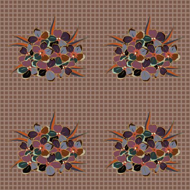 Güzel vektör dokusu. Bahar mahsulü çiçekli arka plan. Kahverengi, gri ve bej renkli şirin primula çiçekleriyle kusursuz desen.