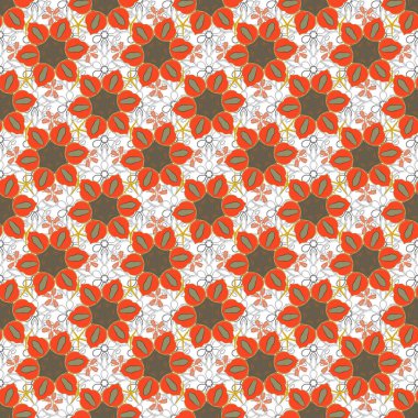 Küçük çiçeklerin açtığı, kusursuz bir desen. Bej, pembe ve kırmızı renklerle kusursuz bir arkaplan. El çizimi vektör illüstrasyonu.