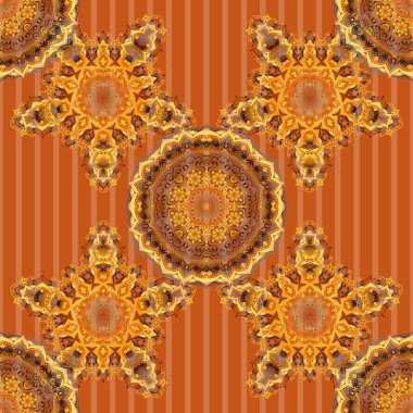 Sarı, turuncu ve kahverengi renklerde kusursuz soyut elementler. Damask vektör klasik deseni. Renkli yinelenen elementlere sahip oryantasyon arkaplanı.