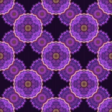 Mor, mor ve pembe renkli süsler. Kusursuz bir arka plan. Renkli desenler antika.