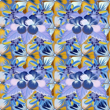 Tropik yaz motifli gri, sarı ve mavi renkli desenler doku, ambalaj kağıdı ve tekstil tasarımı olarak kullanılabilir. El boyaması. Tropik amberçiçeği taşıyıcısı, sık orman.