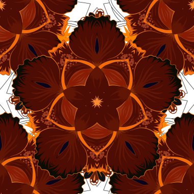 Şal desenli, vektör çizgili, pürüzsüz desen. Geleneksel doğulu desensiz şal deseni. Kumaş, tekstil ve ambalaj kağıtları için dekoratif süs. Çiçek duvar kağıdı kırmızı, turuncu ve siyah renklerde.