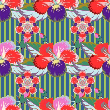 Tropik yaz motifli desen arkaplan dokusu, ambalaj kağıdı veya tekstil tasarımı olarak kullanılabilir. Tropikal çiçeklerin kusursuz temsili. Çok renkli el boyası..