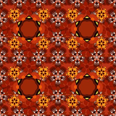 El yazısı raster çiçekleri, pullar, anahtarlar. Kırmızı, turuncu ve kahverengi renklerde klasik, dikişsiz desen.