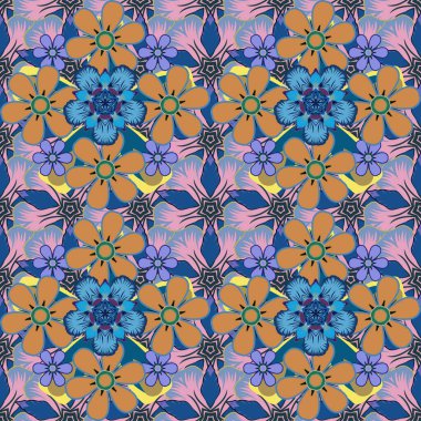 Yeşil, turuncu ve mavi renklerde tropikal yapraklar ve çiçeklerle vektörsüz arkaplan deseni.