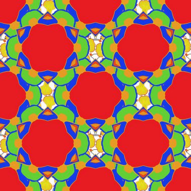 Grafiksel modern model. Geometrik yaprak süsü. Yeşil, kırmızı ve sarı renklerde kusursuz soyut çiçek deseni. Şirin vektör arkaplanı.